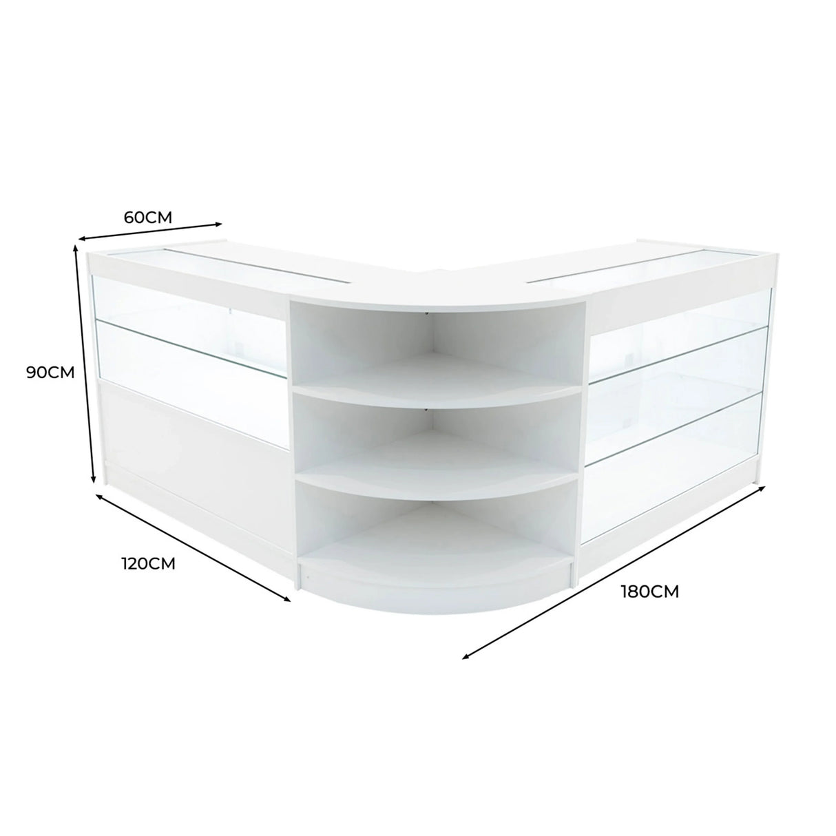 White Calliope LED shop counter set featuring curved design, glass shelves, and dimensions of 180cm x 120cm x 90cm