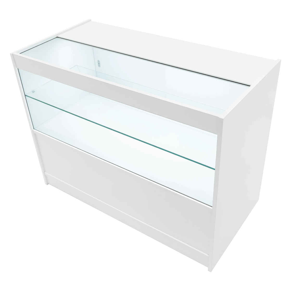 White Calliope LED shop counter set featuring sleek glass display shelves and a modern design, ideal for showcasing products