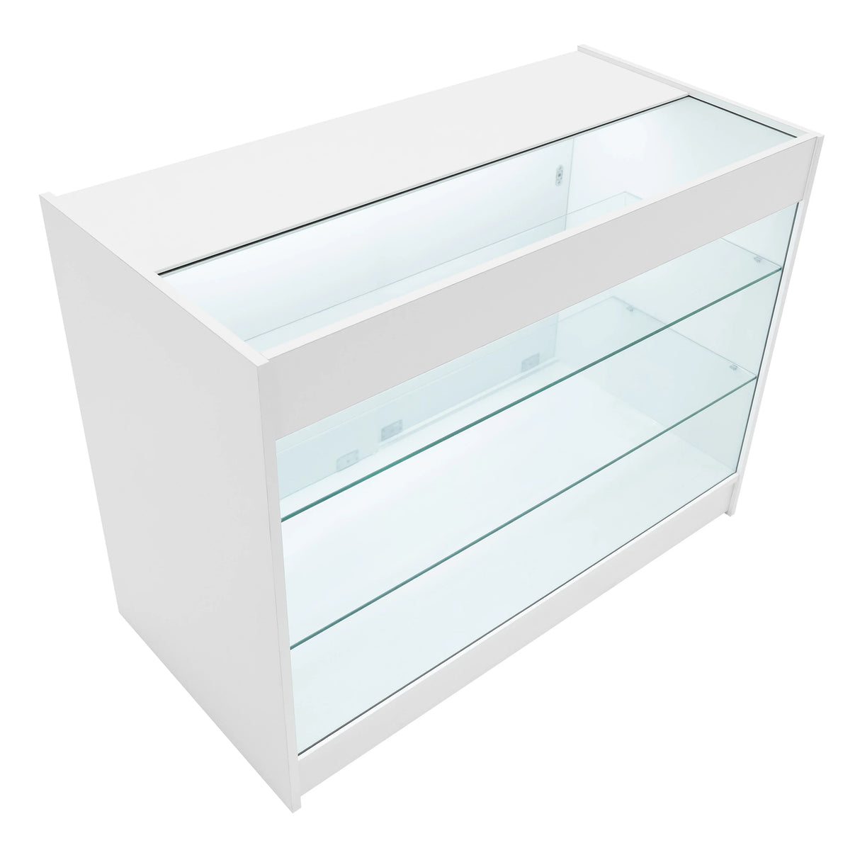 White Calliope LED shop counter set features sleek glass shelves, modern design, and integrated lighting for enhanced display
