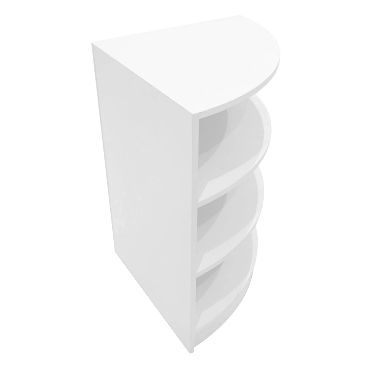 Curved white LED shop counter set featuring multiple shelves, designed for modern retail displays and efficient organization