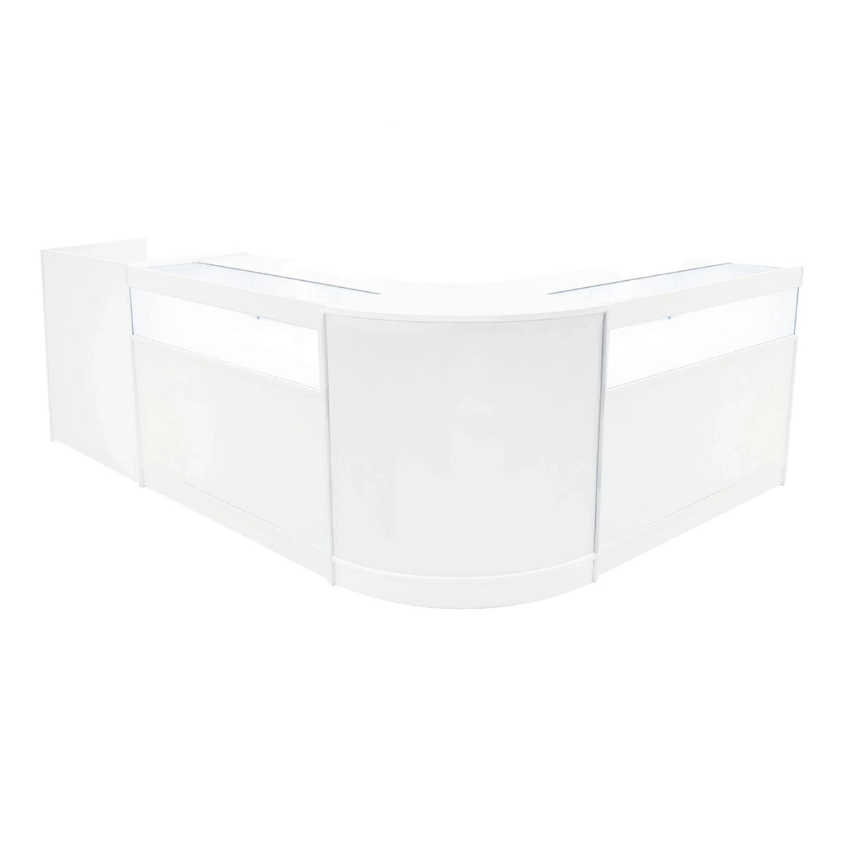 Luna LED Shop Counter Set in white, featuring a sleek, modern design with smooth surfaces and integrated LED lighting for display