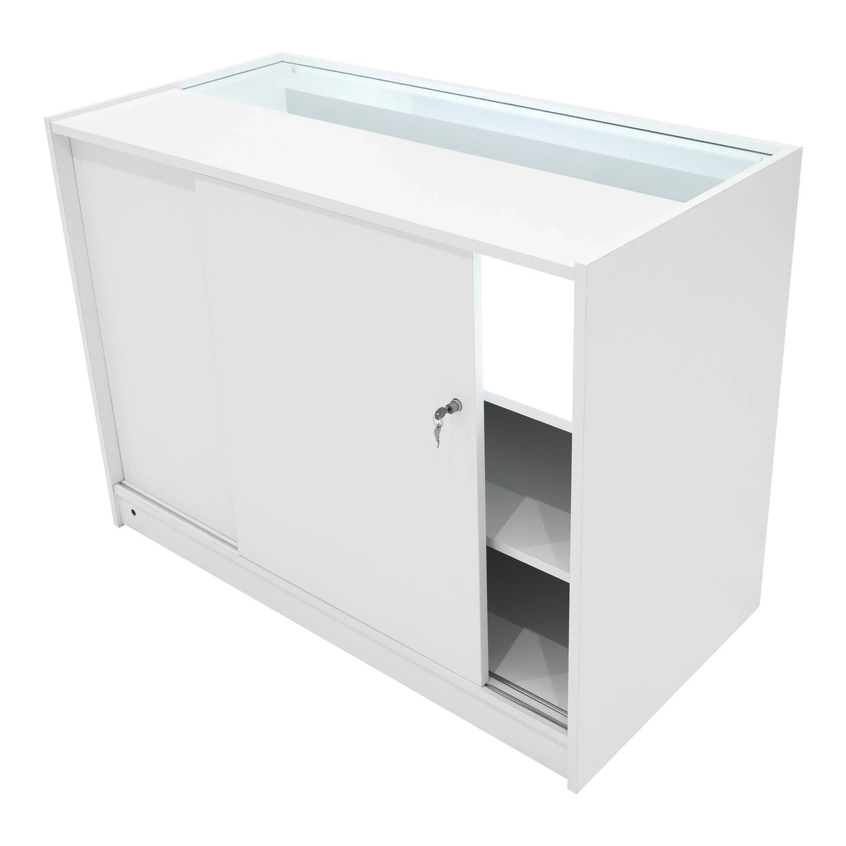 Luna LED Shop Counter Set in white, featuring sliding doors, glass top, and spacious interior shelves for organized display
