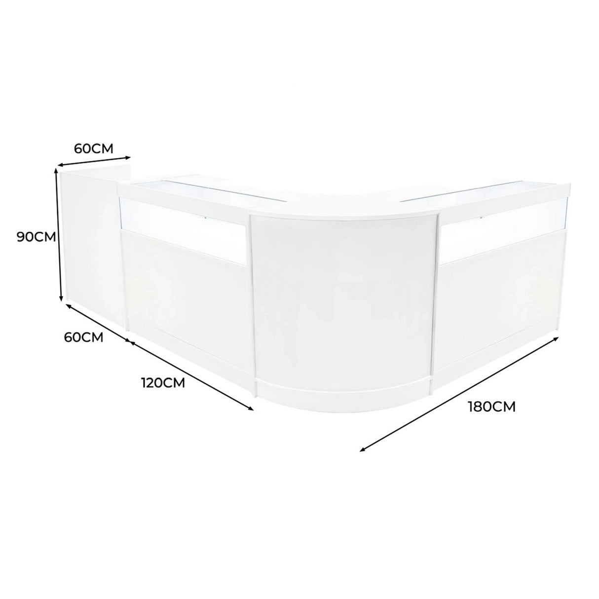 Curved white Luna LED shop counter set featuring smooth surfaces, glass display sections, and dimensions of 60cm, 120cm, and 180cm