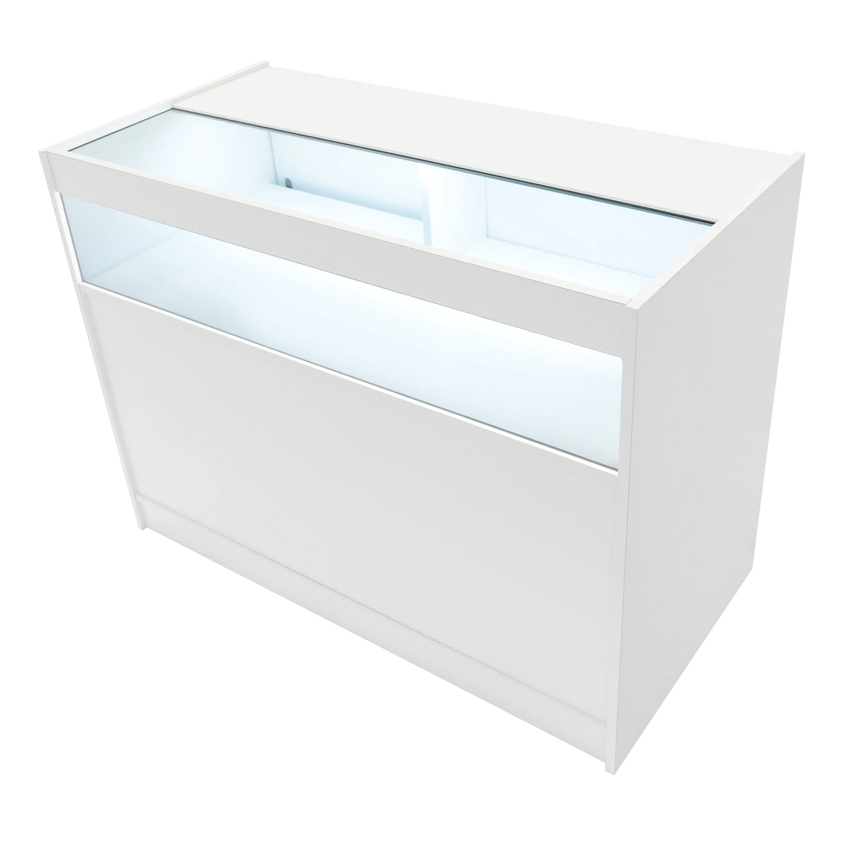 Luna LED Shop Counter Set in sleek white, featuring a glass display top and illuminated interior, ideal for showcasing products