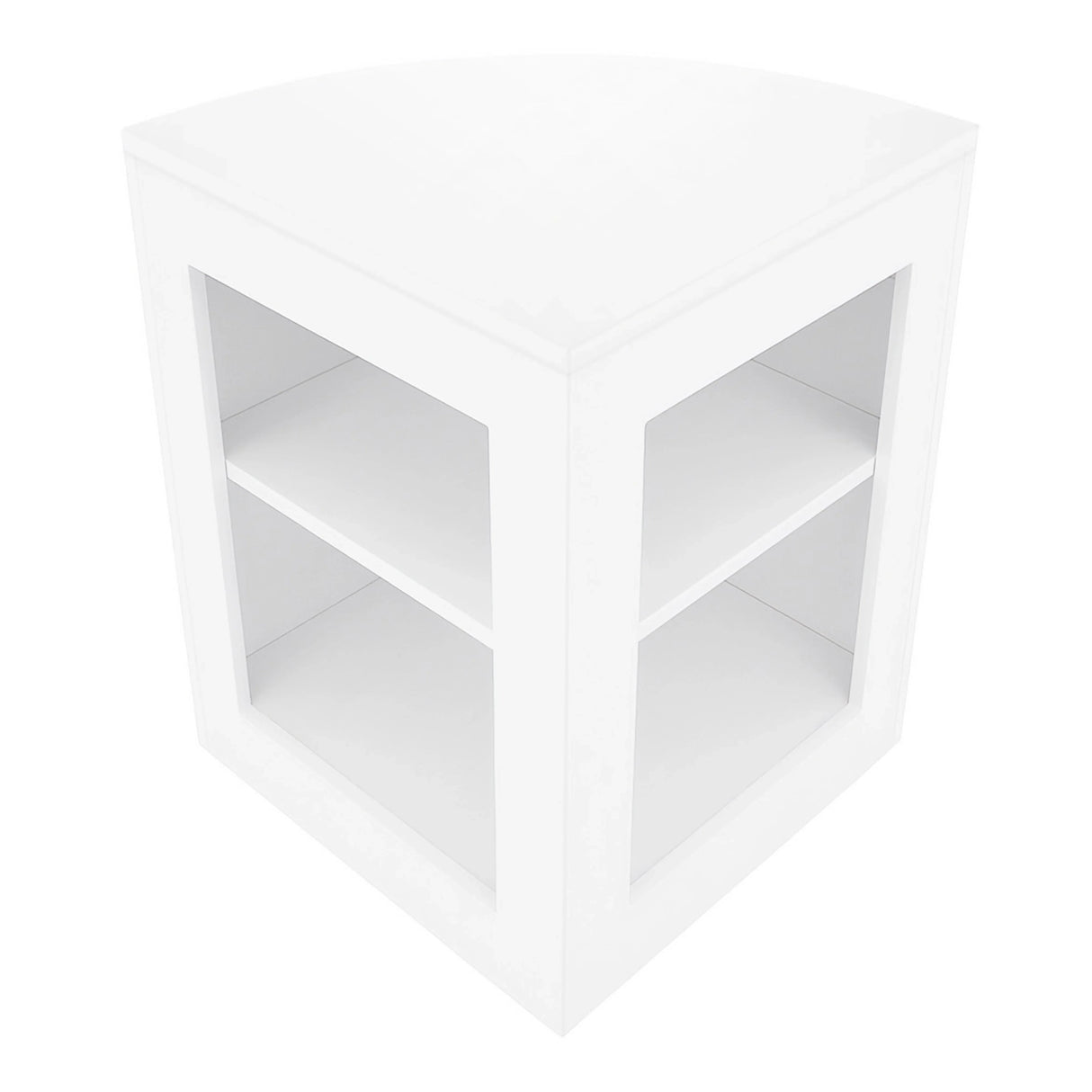 Luna LED Shop Counter Set in white, featuring a sleek corner design with two open shelves for display and storage