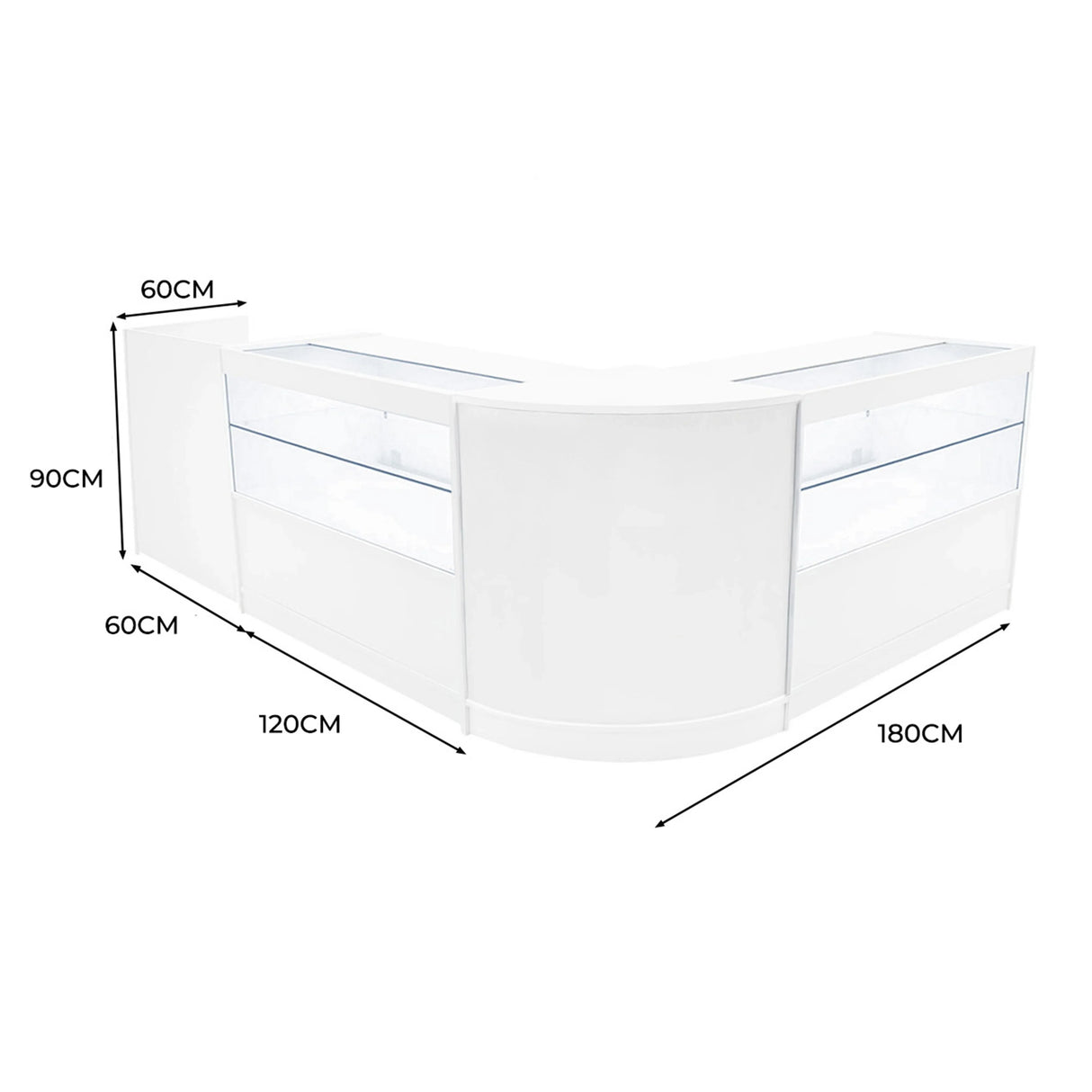 White Phoenix LED shop counter set featuring a sleek, modern design with glass display sections, measuring 180cm by 90cm