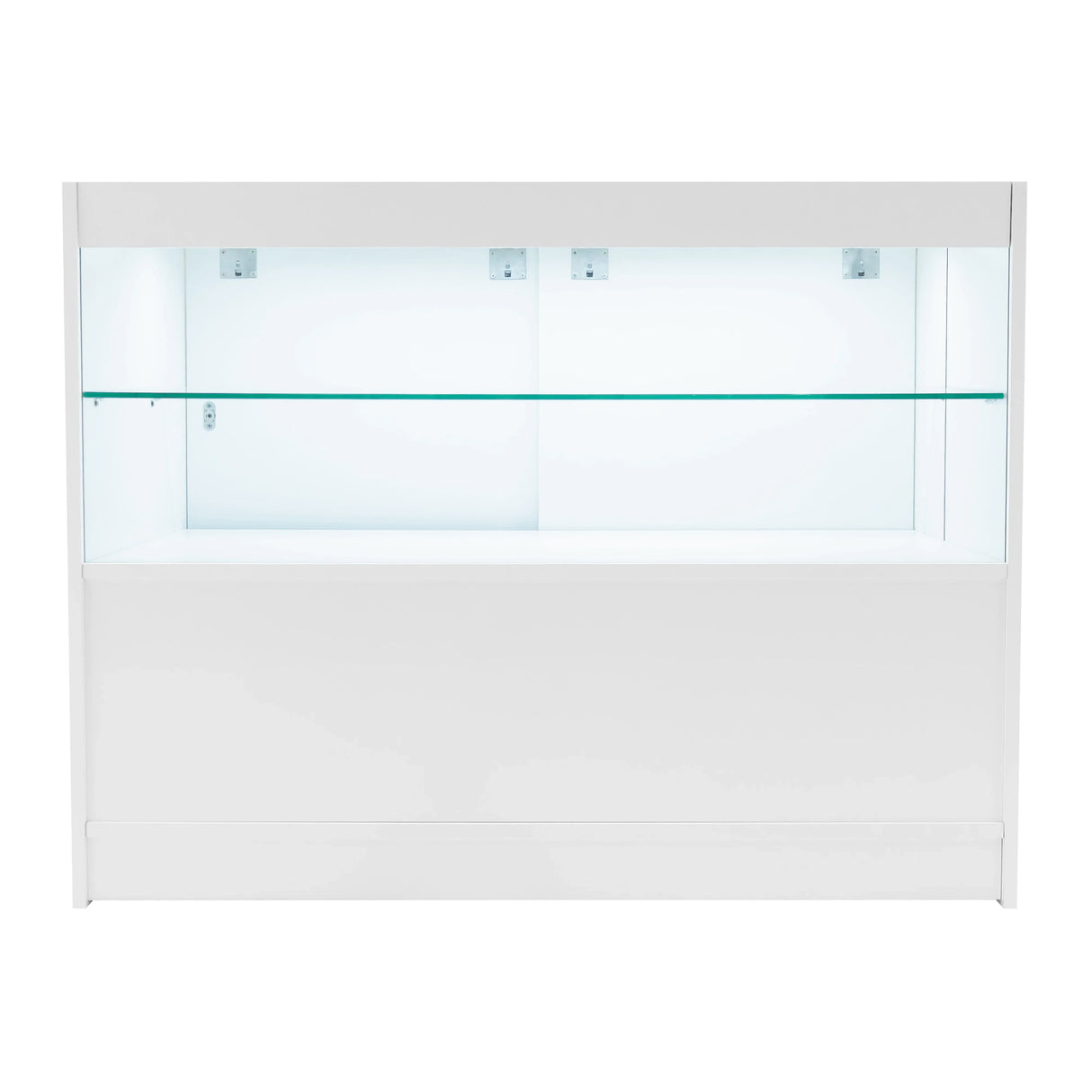 White Phoenix LED shop counter set with glass shelves, sleek design, and integrated lighting for showcasing products