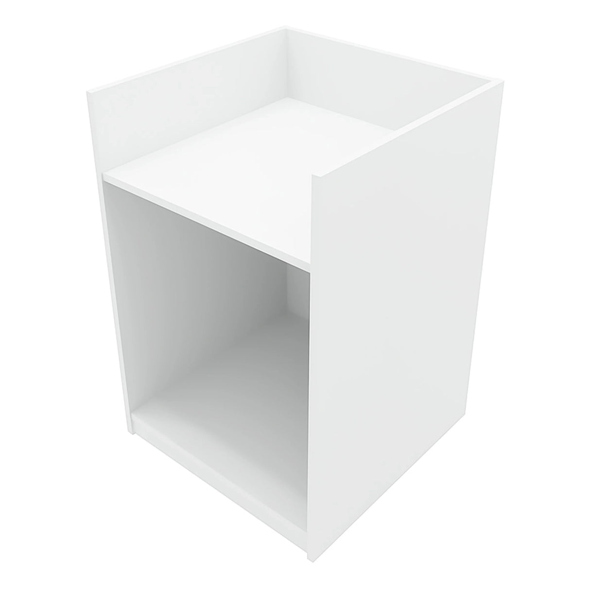 White LED shop counter set featuring a sleek, modern design with a spacious top and open shelf for storage and display