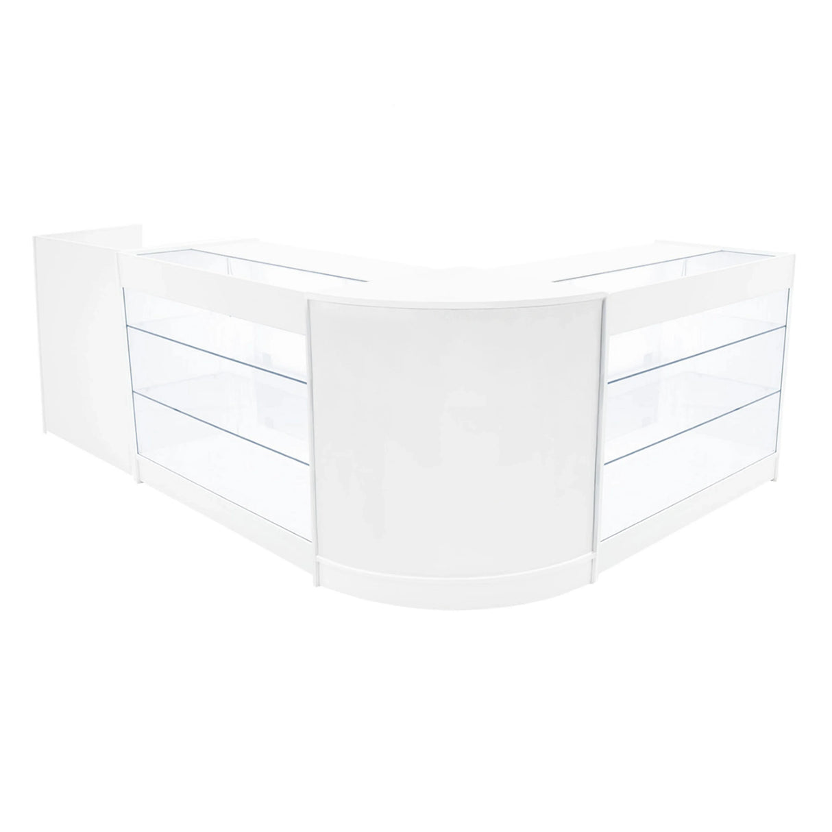 White Aries LED shop counter set featuring sleek glass display shelves and a modern curved design, ideal for retail spaces