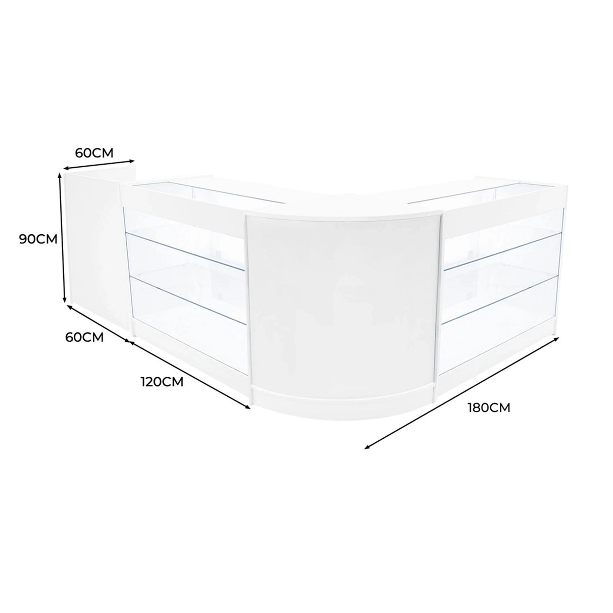 Curved white LED shop counter set with glass shelves, measuring 180cm wide, 90cm high, and 60cm deep, ideal for retail displays