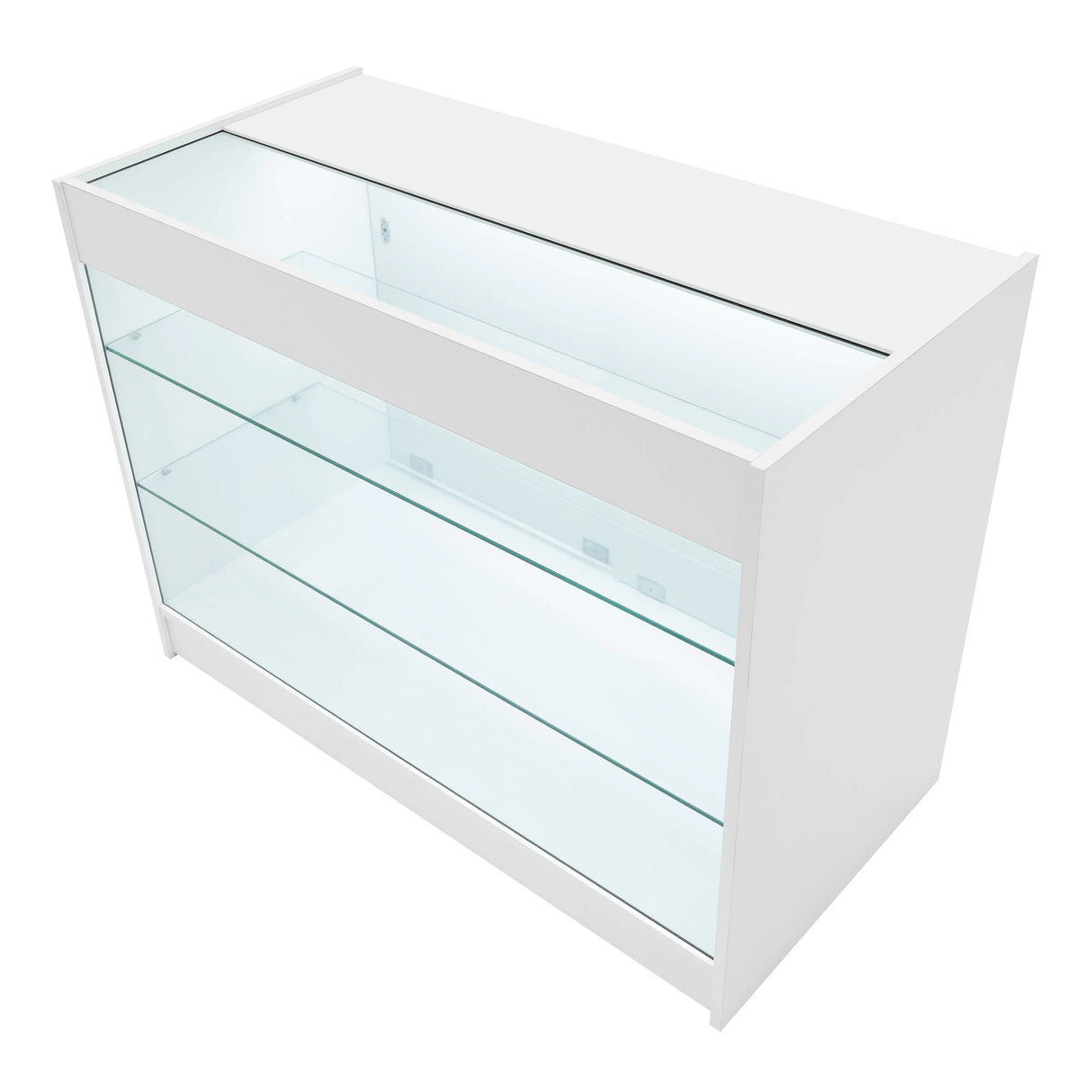 White Aries LED shop counter set featuring sleek glass shelves, modern design, and illuminated display for showcasing products
