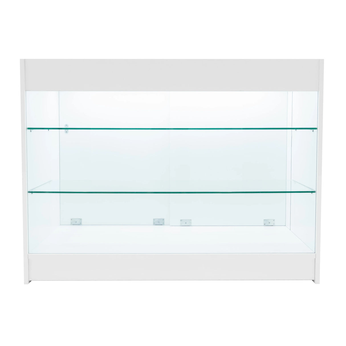 White Aries LED shop counter set featuring a sleek design with glass shelves, illuminated interior, and modern aesthetic