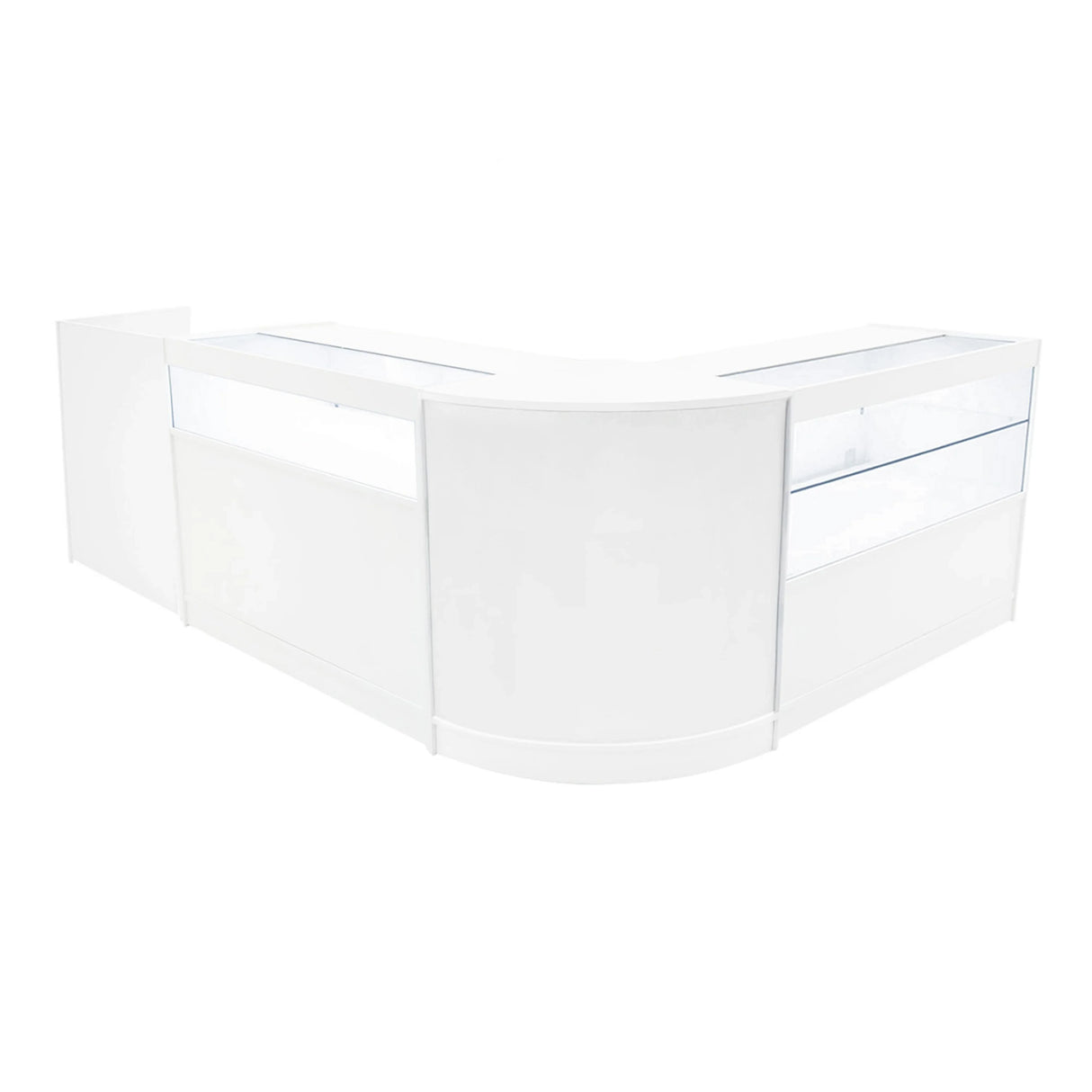 White Gravity LED Shop Counter Set featuring sleek design, glass display sections, and smooth surfaces, ideal for retail environments
