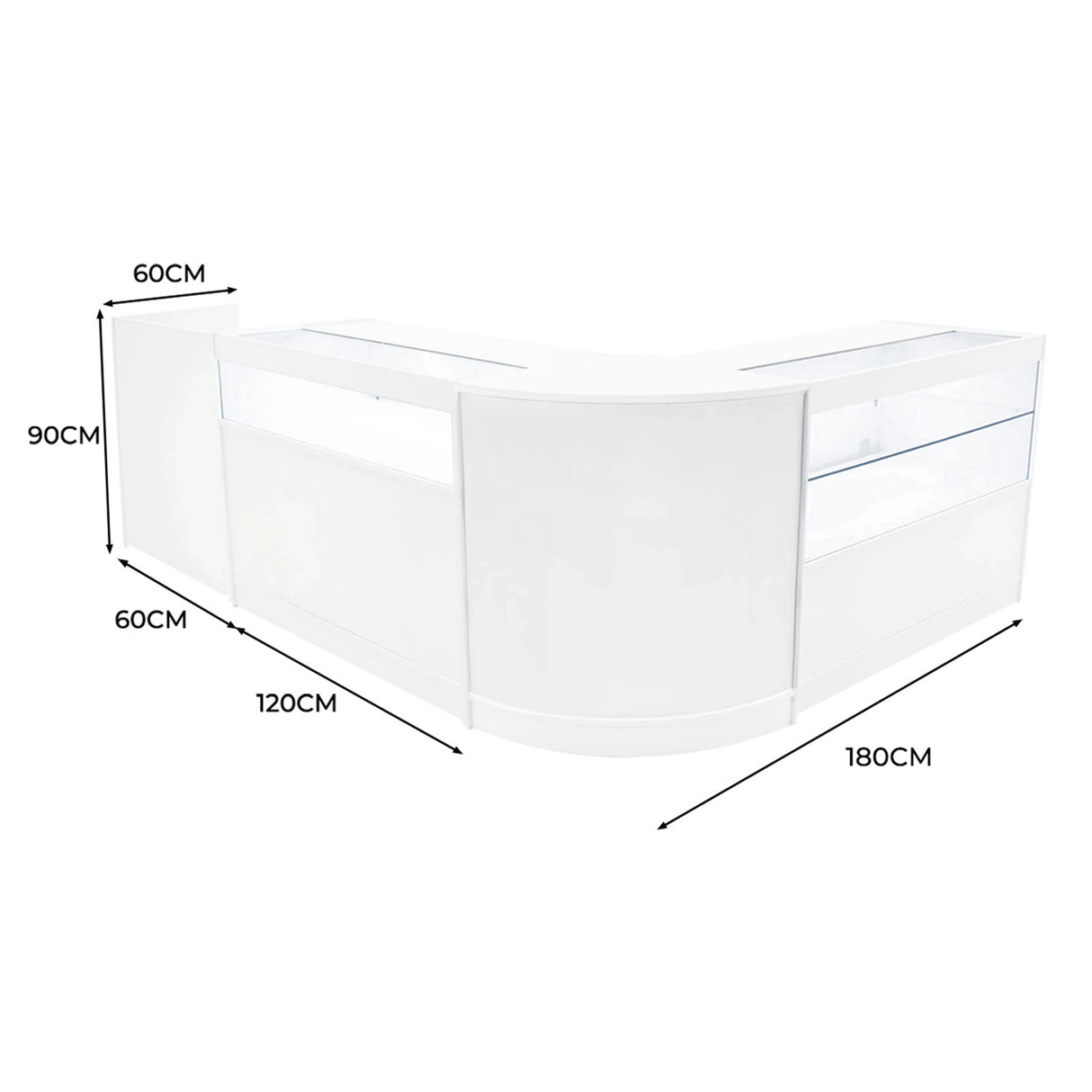 Curved white LED shop counter set featuring glass display sections, sleek design, and dimensions of 180cm x 120cm x 90cm
