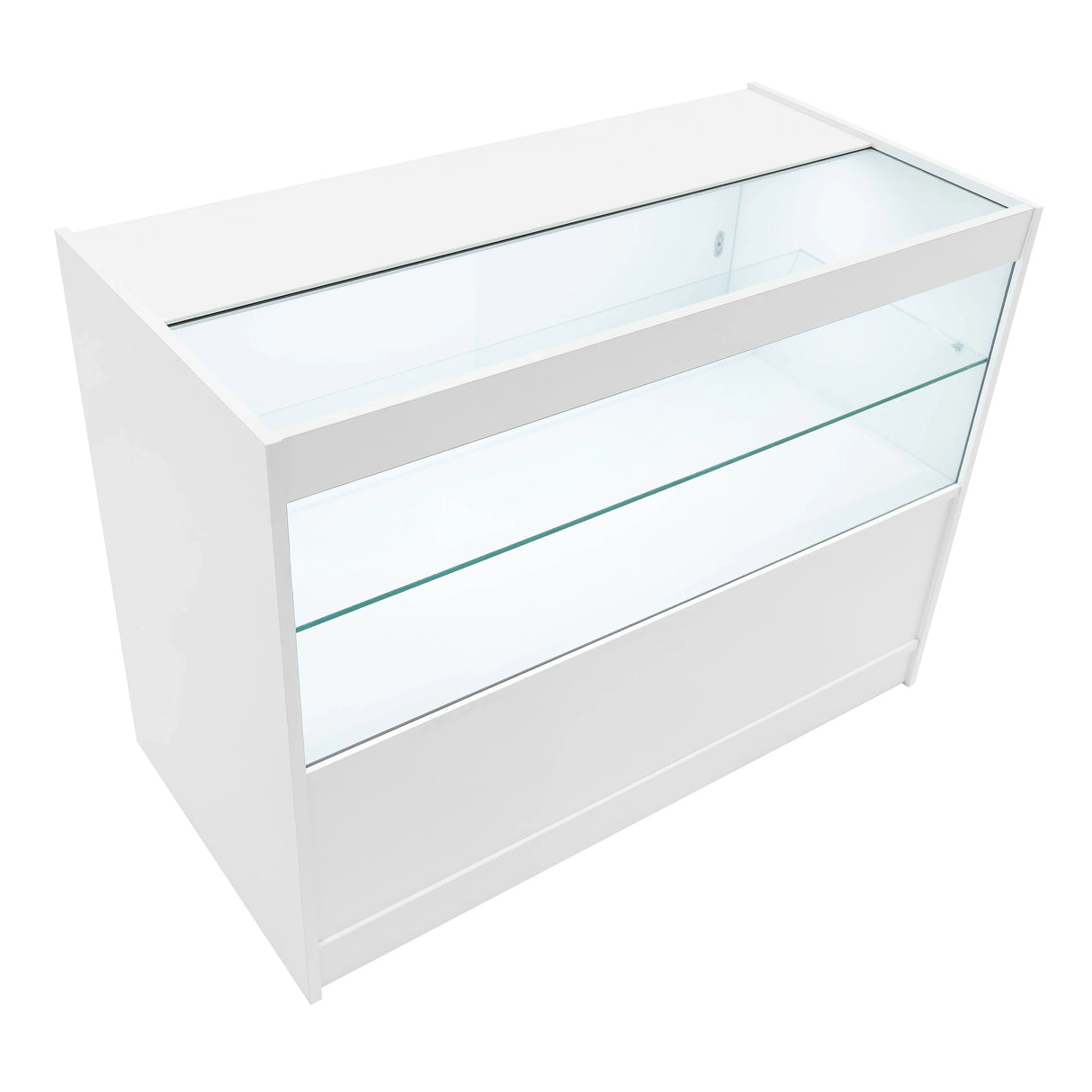 White Gravity LED shop counter with glass display shelves, sleek modern design, ideal for showcasing products in retail settings