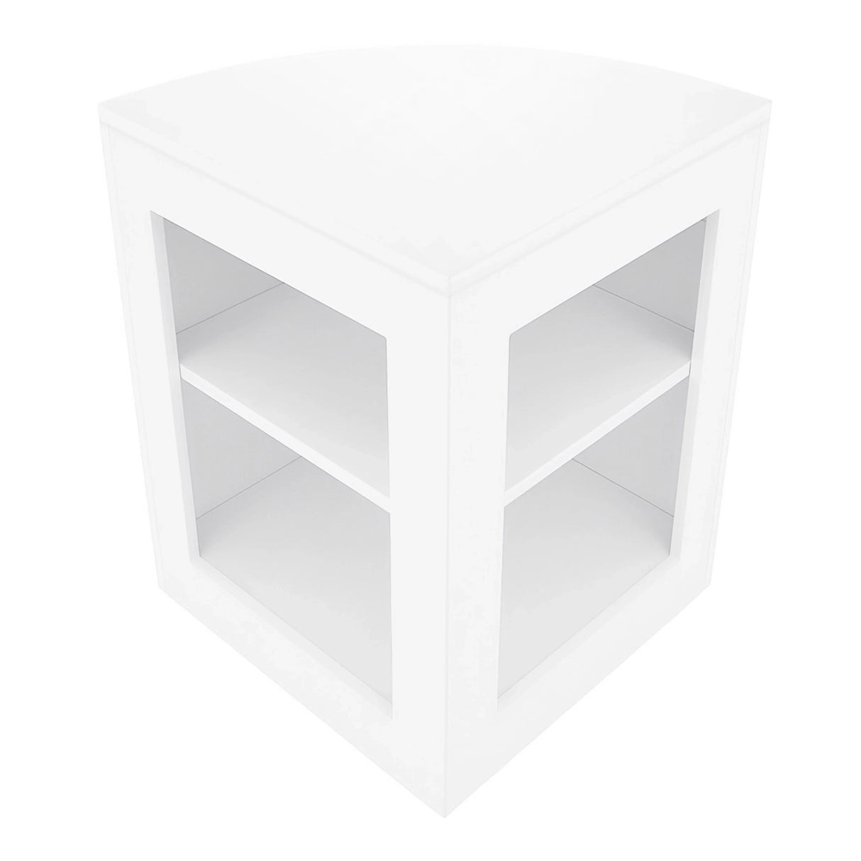 White corner display counter with two open shelves, featuring a sleek, modern design and smooth, glossy finish