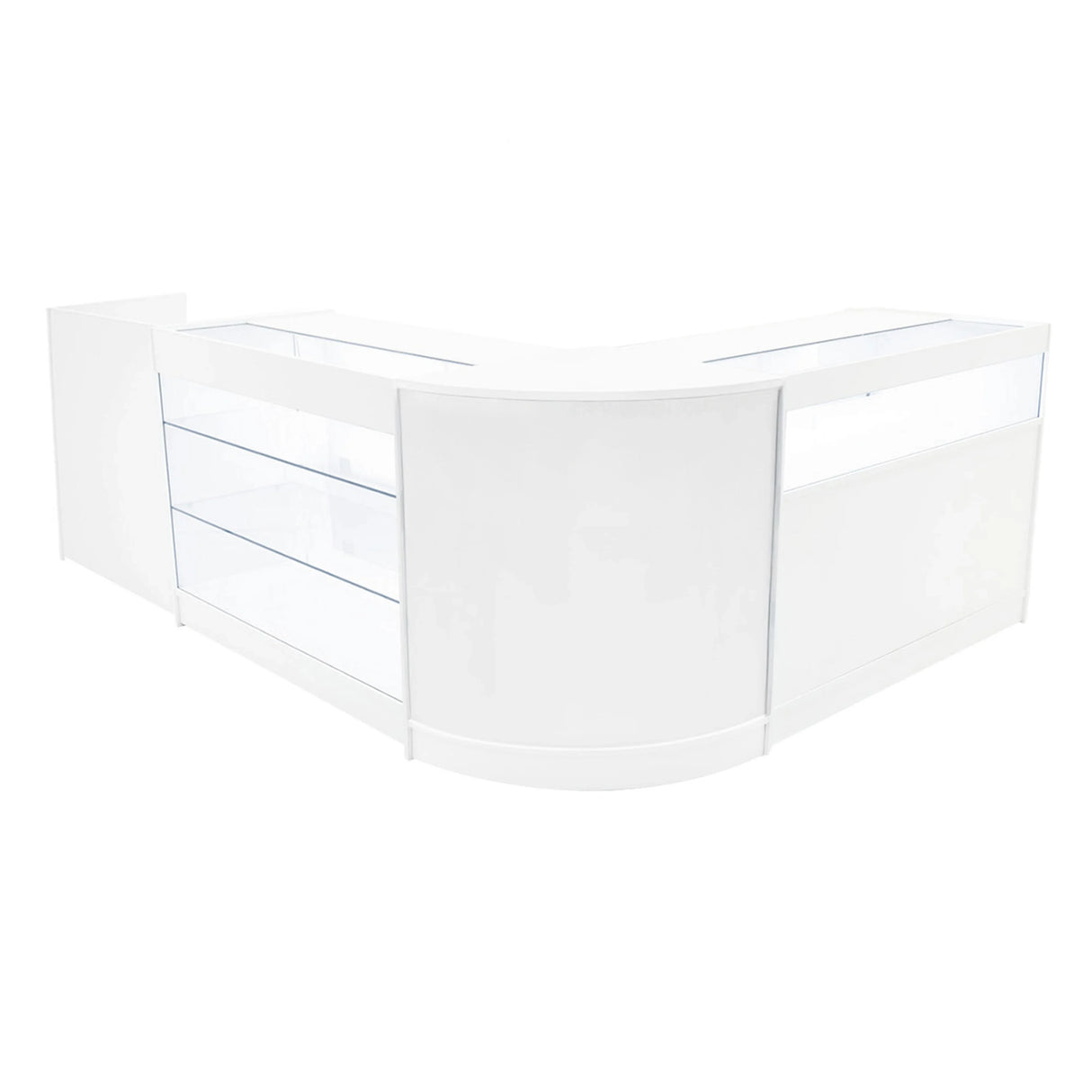 Polaris LED Shop Counter Set in white, featuring sleek design, glass display shelves, and smooth surfaces for modern retail spaces