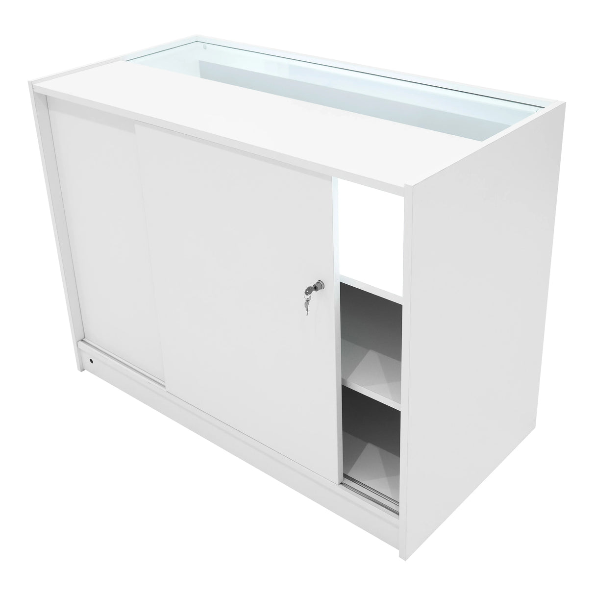 Polaris LED Shop Counter Set in white with sliding doors, glass top, and interior shelves for organized display and storage