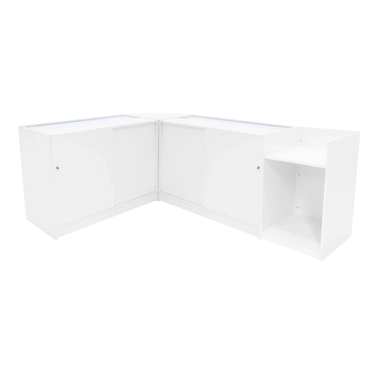 Polaris LED Shop Counter Set in white, featuring sleek cabinets and a modern design, ideal for retail displays and organization