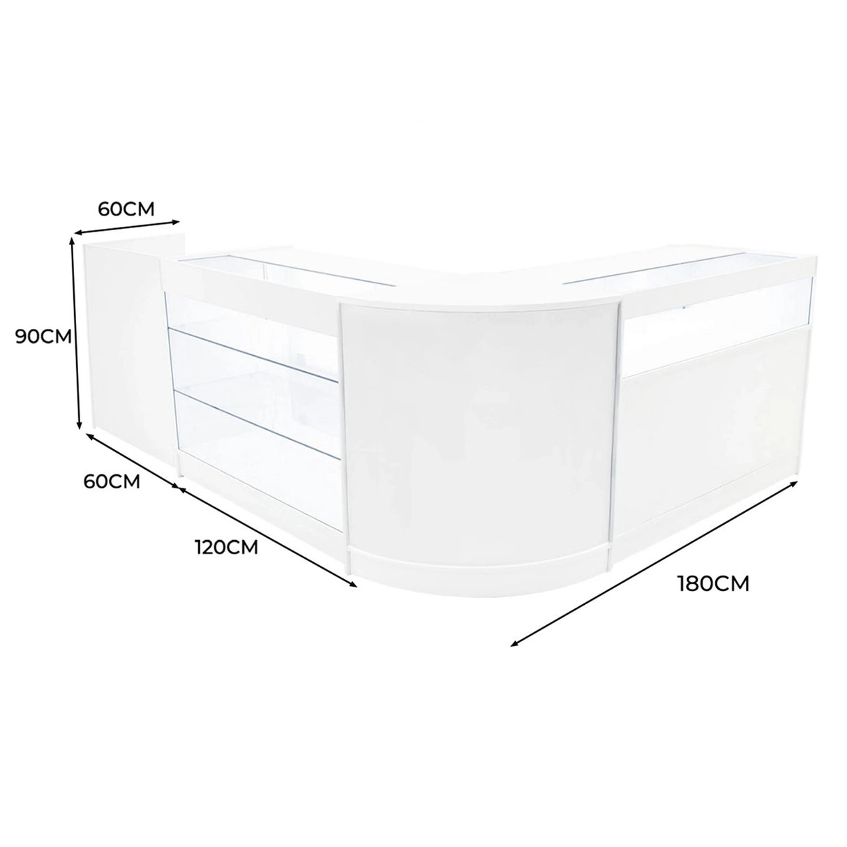 Polaris LED Shop Counter Set in white, featuring a sleek design with glass display shelves, measuring 180cm x 120cm x 90cm