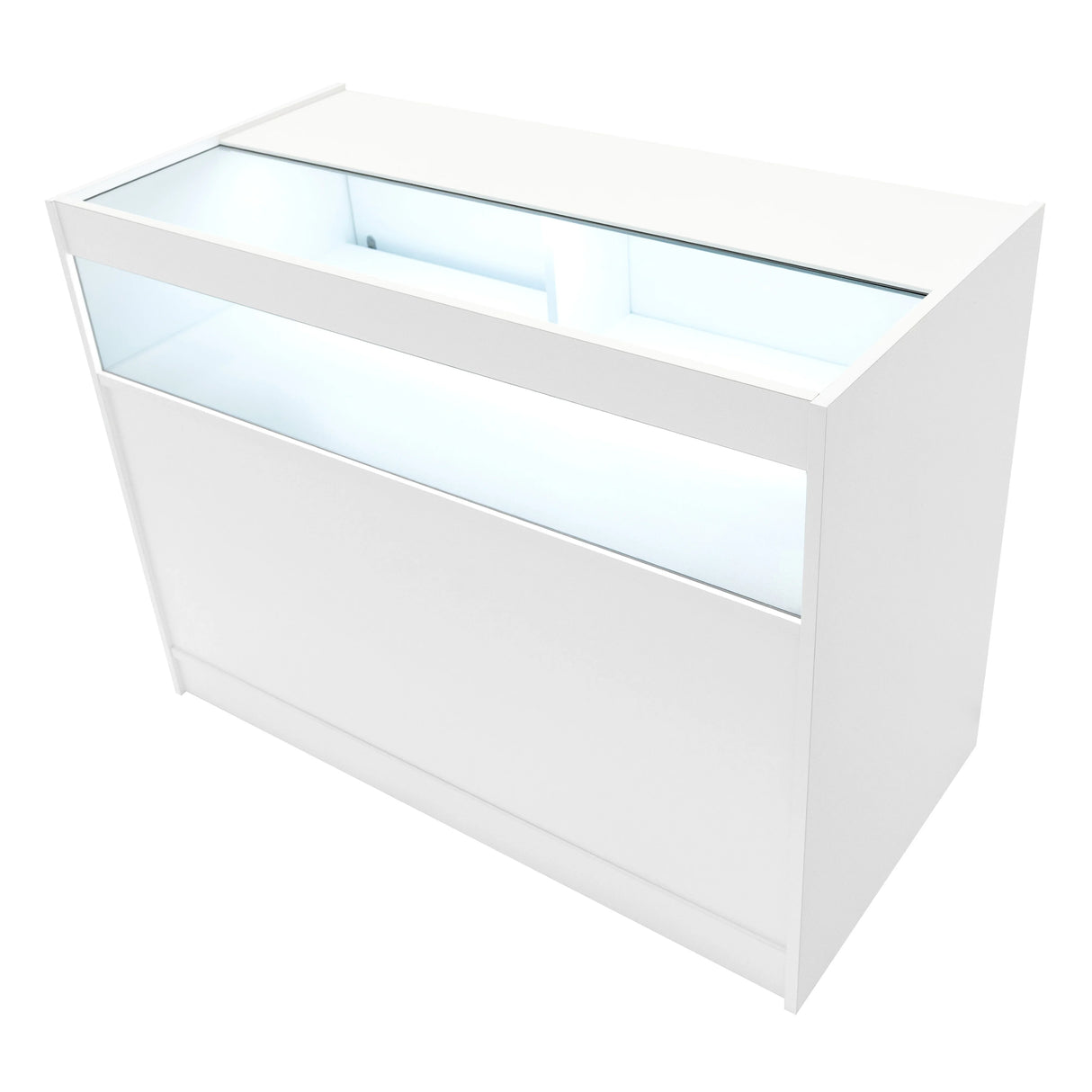 Polaris LED Shop Counter Set in white features a sleek design with a glass display top, ideal for showcasing products and enhancing visibility