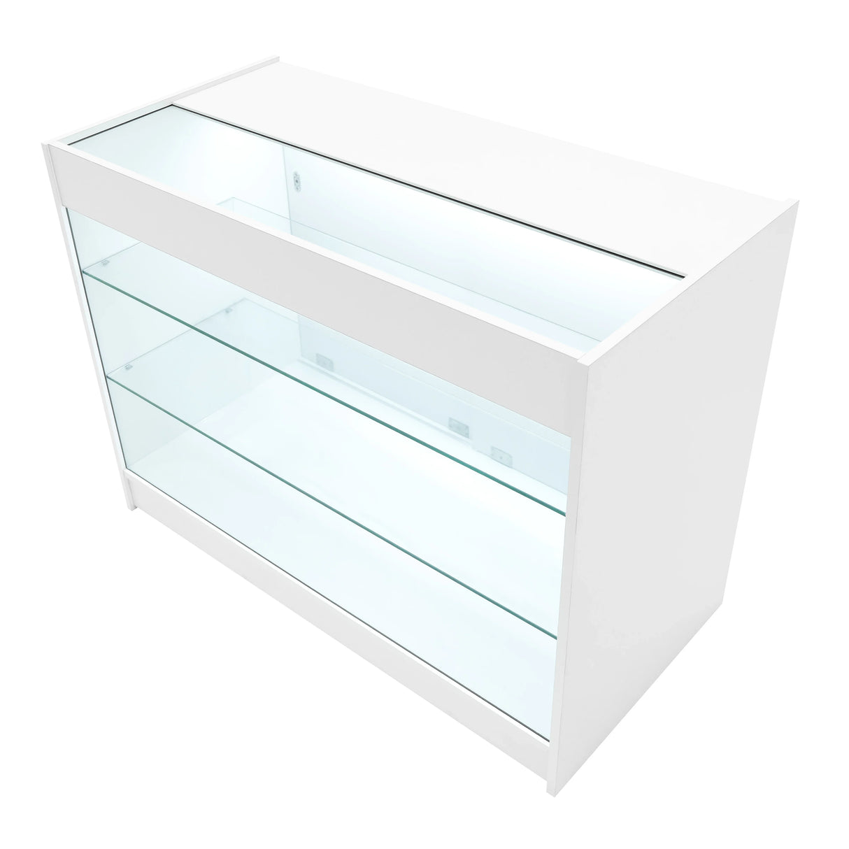 Polaris LED shop counter set in white with glass shelves, sleek design, and integrated lighting for showcasing products