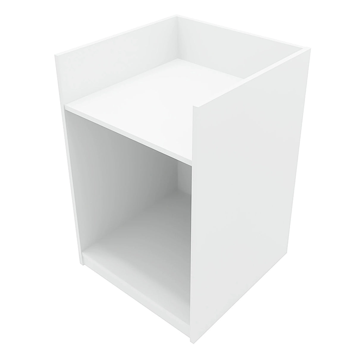 Polaris LED shop counter in sleek white, featuring a minimalist design with an open shelf and smooth, modern finish