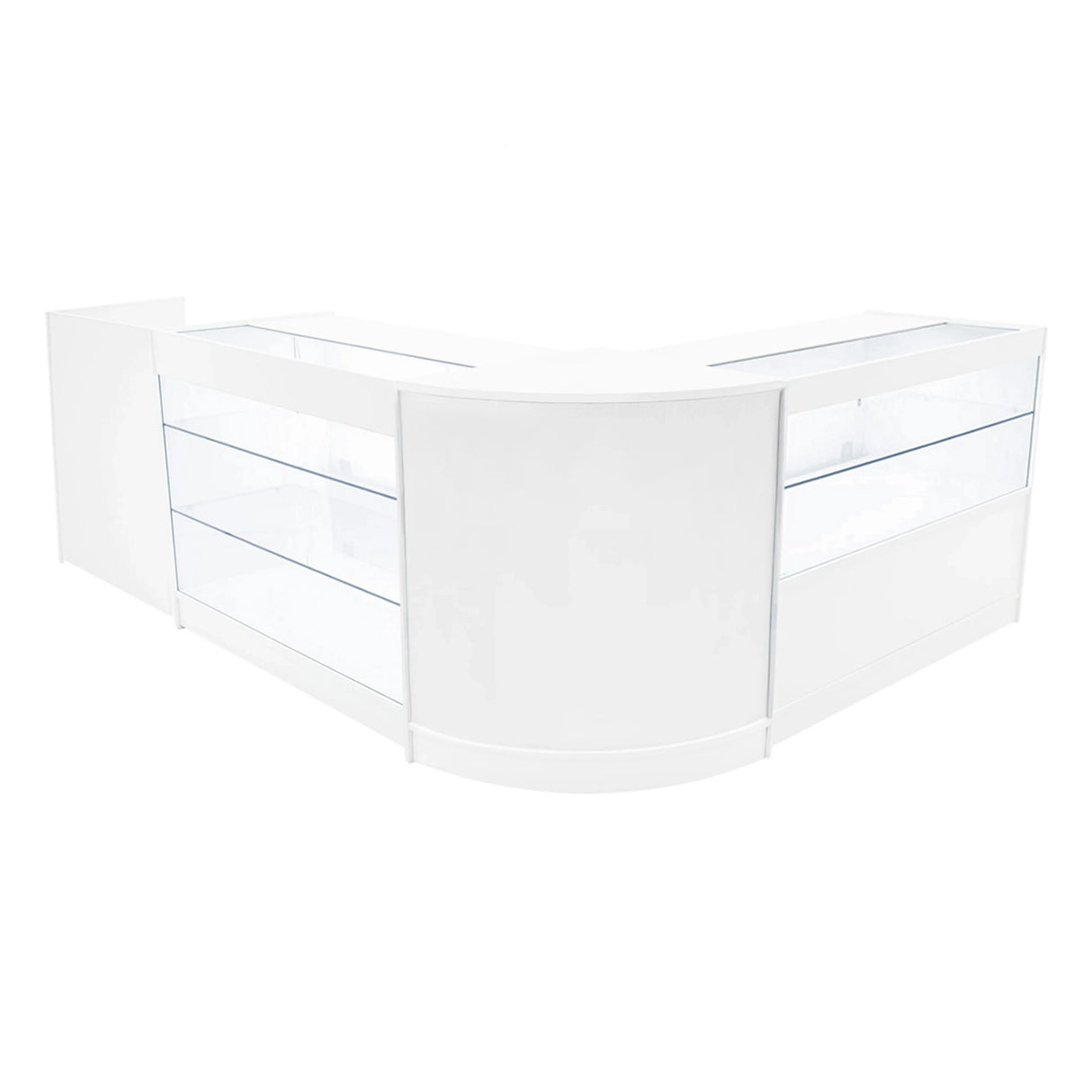 Vega LED Shop Counter Set in white features sleek, modern design with glass display shelves and a curved front for retail spaces