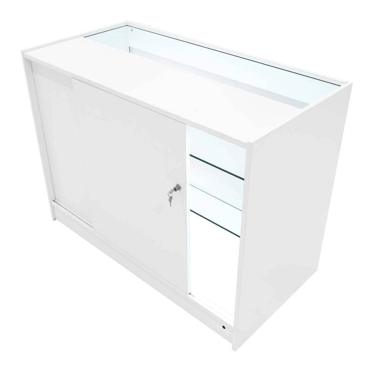 Vega LED Shop Counter Set in white, featuring sleek design, glass shelves, and a lockable sliding door for secure storage