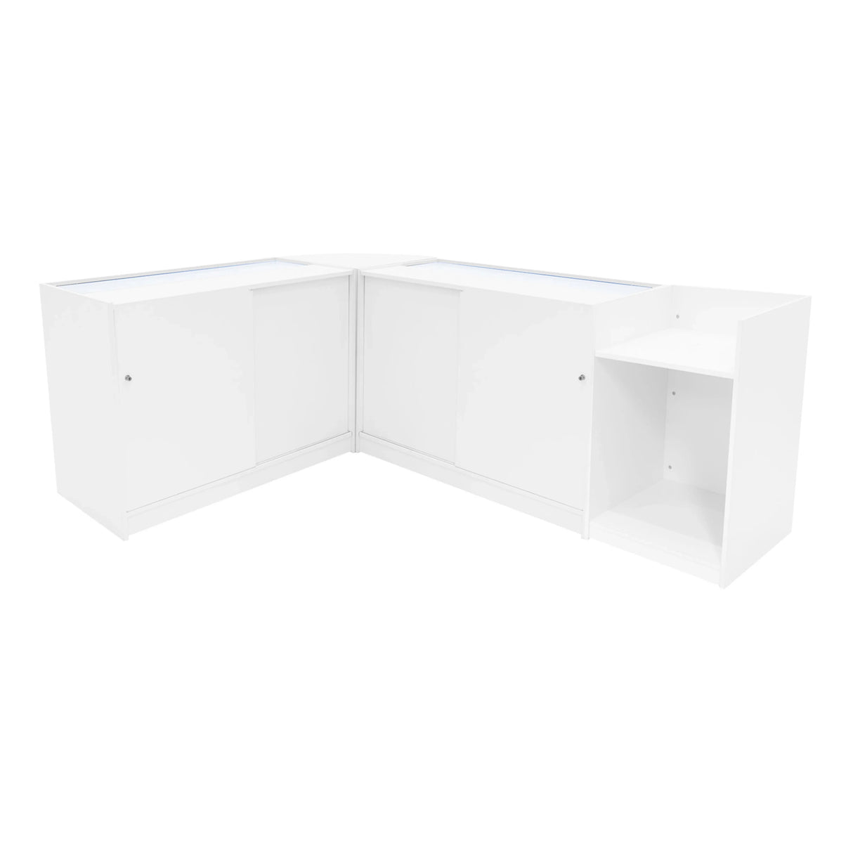 Vega LED Shop Counter Set in white, featuring sleek surfaces, modern design, and ample storage with glass display sections