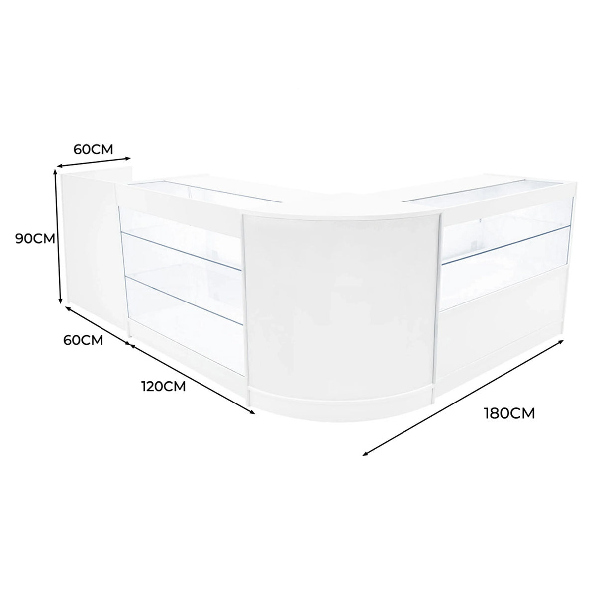 Vega LED Shop Counter Set in white, featuring a modern curved design, glass display shelves, and dimensions of 180cm x 90cm x 60cm