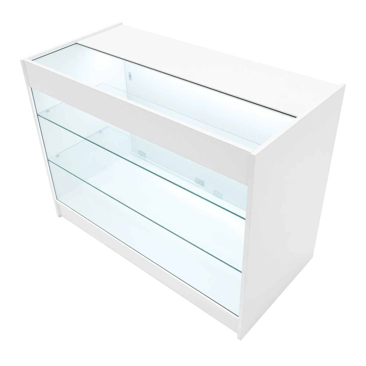 Vega LED Shop Counter Set in white with sleek glass shelves, showcasing a modern design ideal for retail displays and merchandise