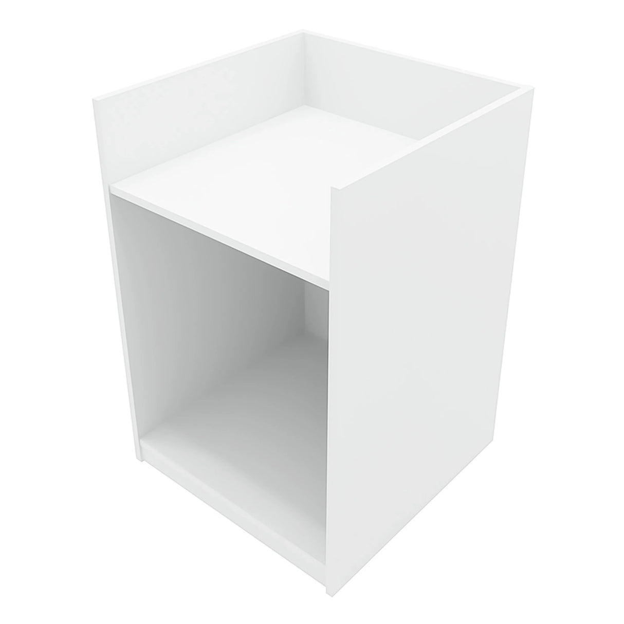 Vega LED Shop Counter Set in white, featuring a sleek, modern design with a smooth finish and open storage space underneath
