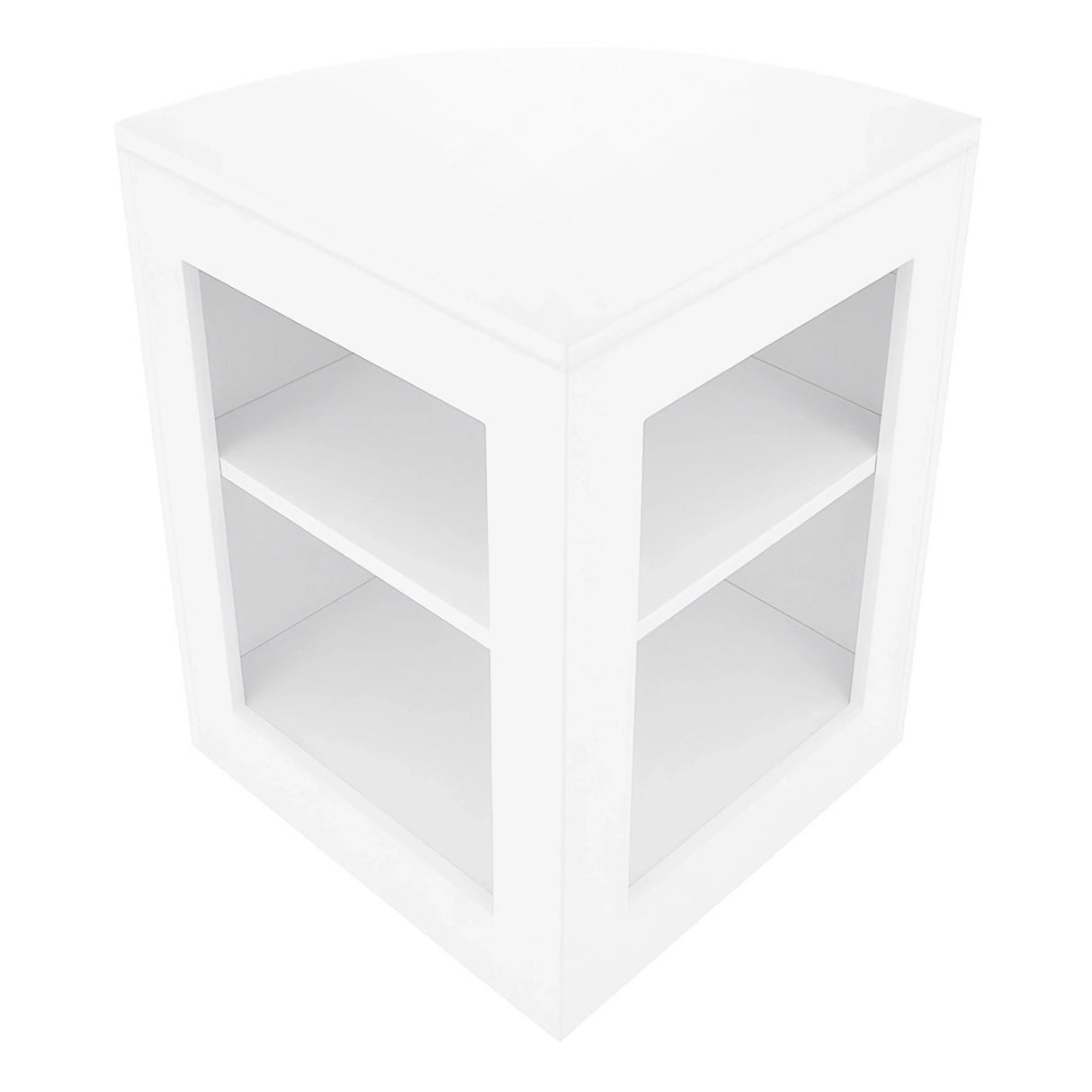 Vega LED Shop Counter Set in white features a sleek corner design with two open shelves for display and storage