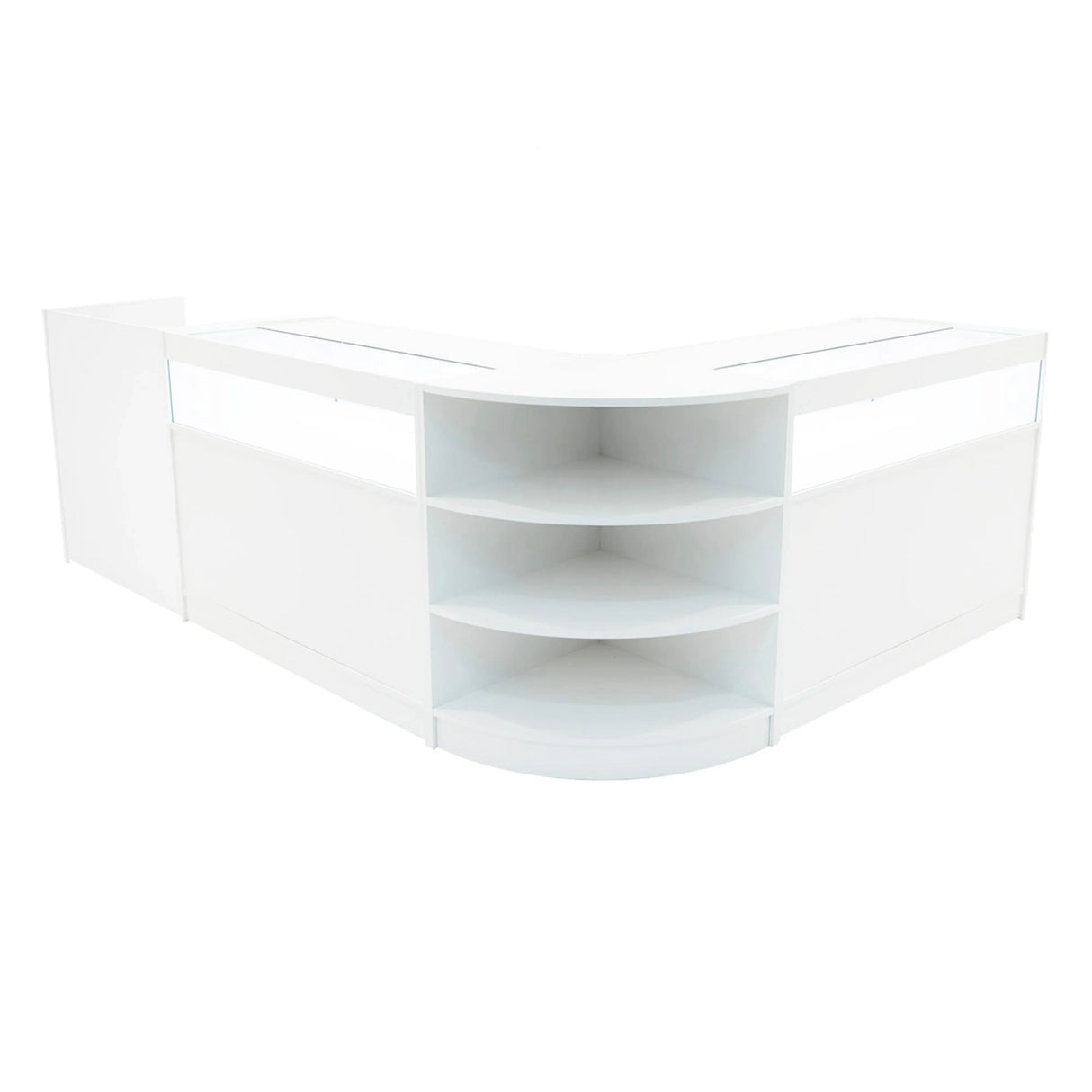 Sagittarius LED Shop Counter Set in white, featuring a sleek, modern design with curved edges and multiple shelves for display