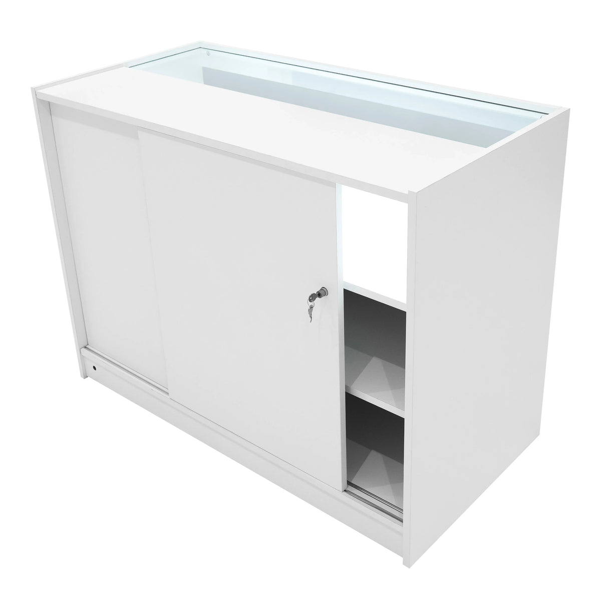 White Sagittarius LED shop counter set featuring sliding doors, glass top, and spacious interior shelves for organized display