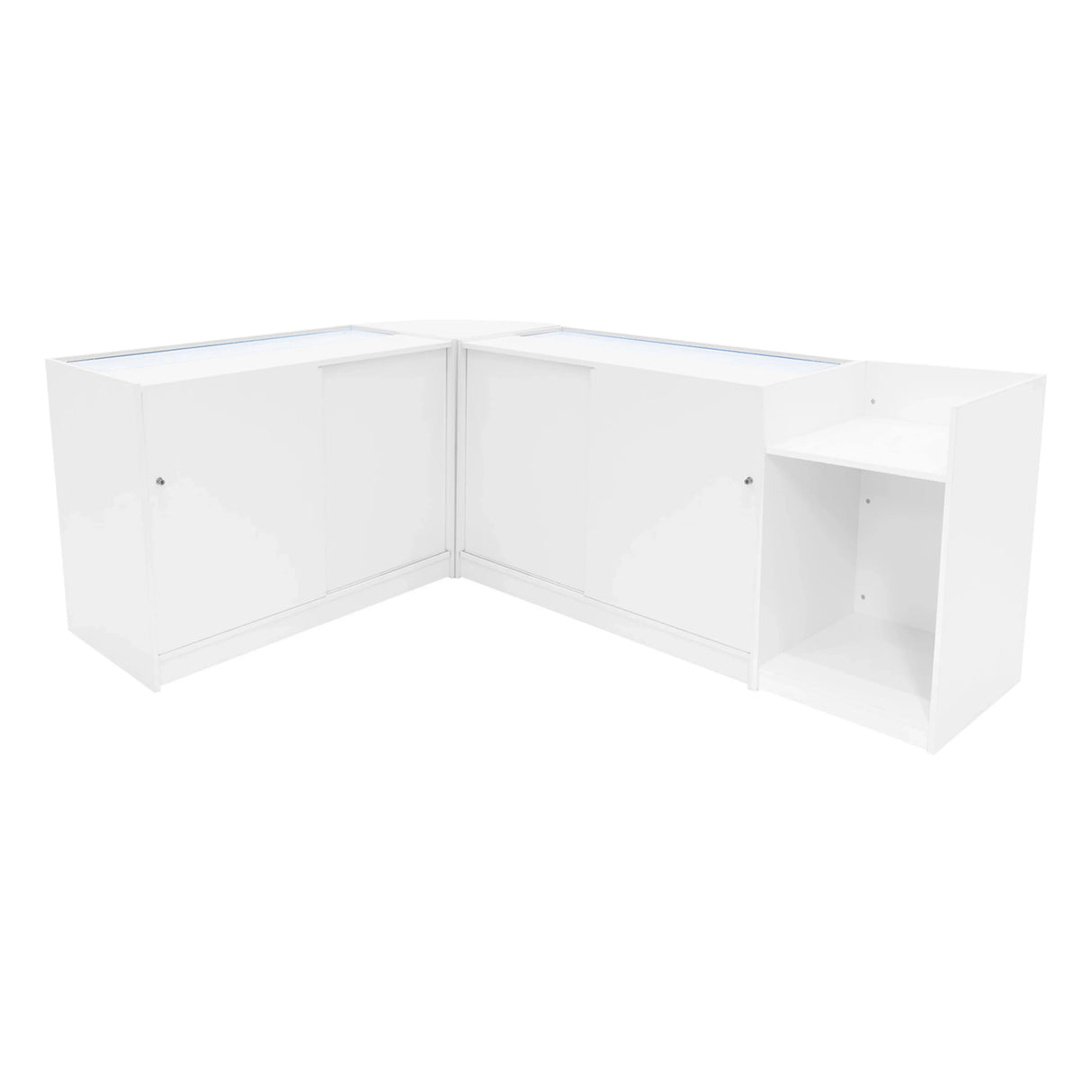 Sagittarius LED Shop Counter Set in white, featuring sleek cabinets with glass tops, ideal for retail displays and organization