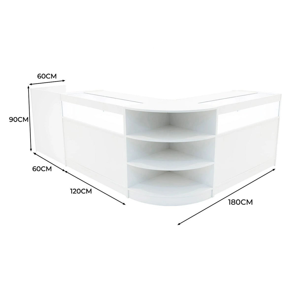 Sagittarius LED Shop Counter Set in white, featuring a curved design with open shelves, dimensions 180cm x 90cm x 60cm