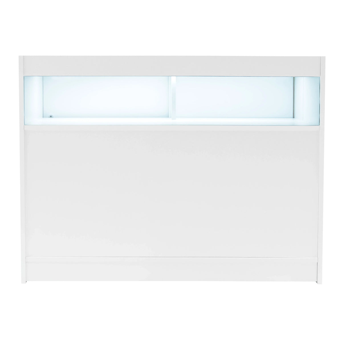 Sagittarius LED shop counter set in sleek white, featuring a smooth surface, illuminated display area, and modern design elements
