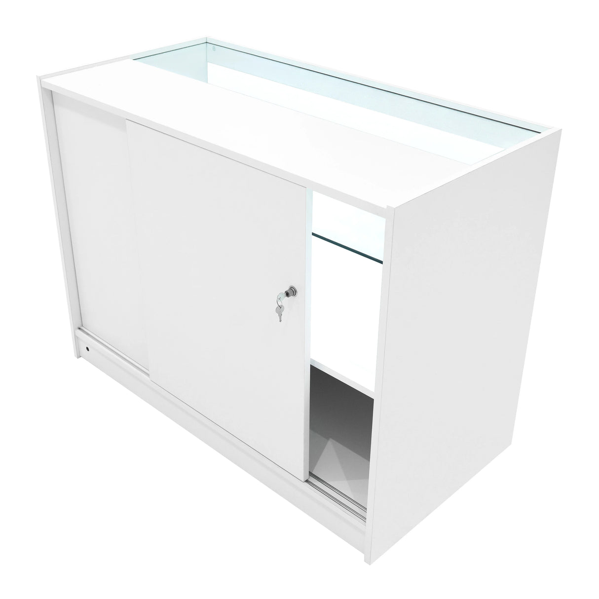 Eclipse LED shop counter set in white, featuring sliding doors, glass display top, and sleek modern design for retail spaces
