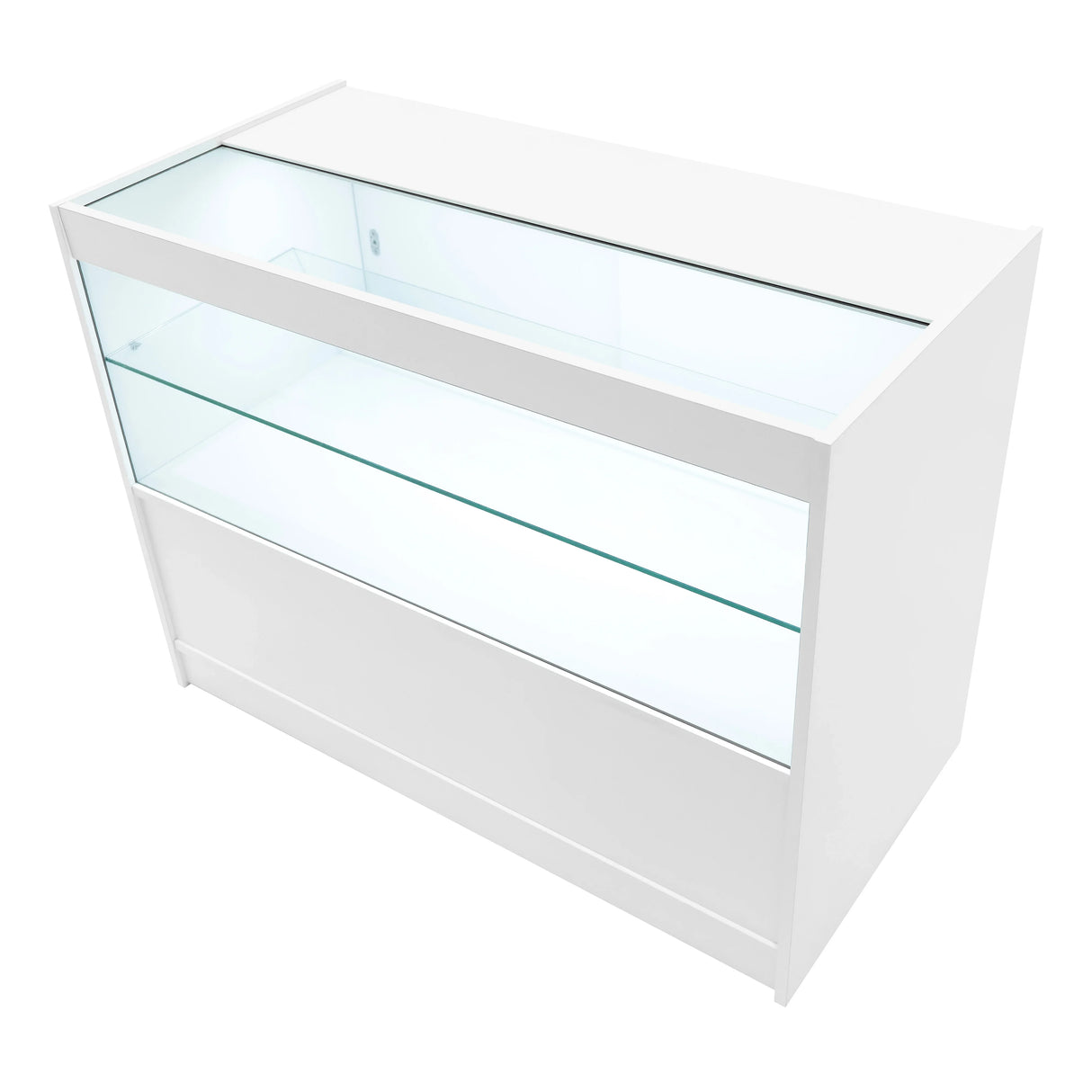 Sleek white Eclipse LED shop counter set with glass display shelves, featuring a modern design and ample storage space