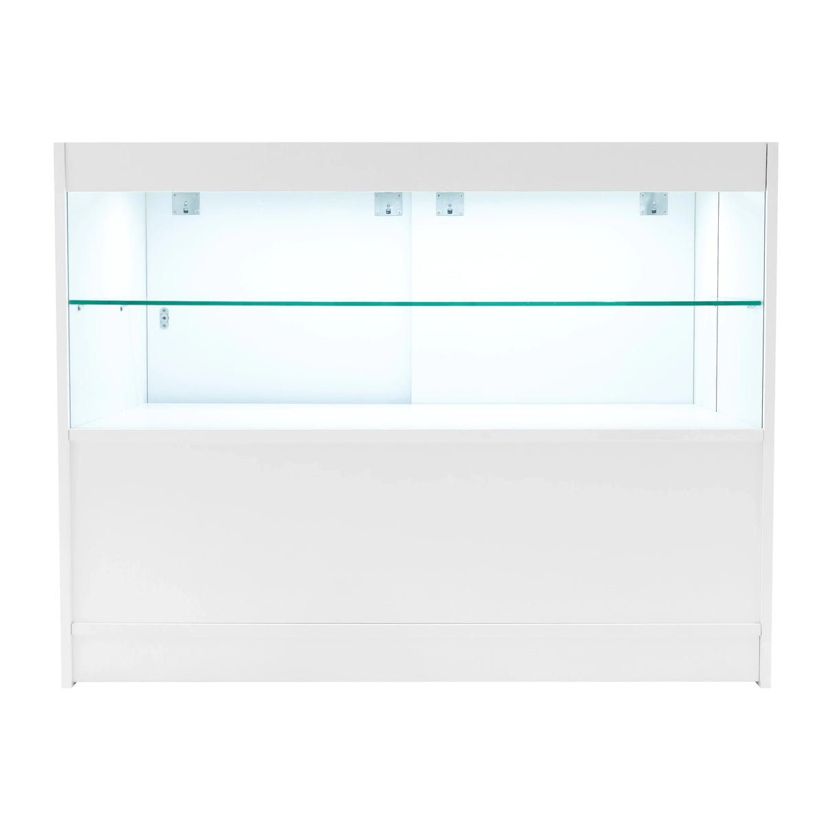 Eclipse LED Shop Counter Set in white features a sleek design with glass shelves and integrated lighting for display purposes