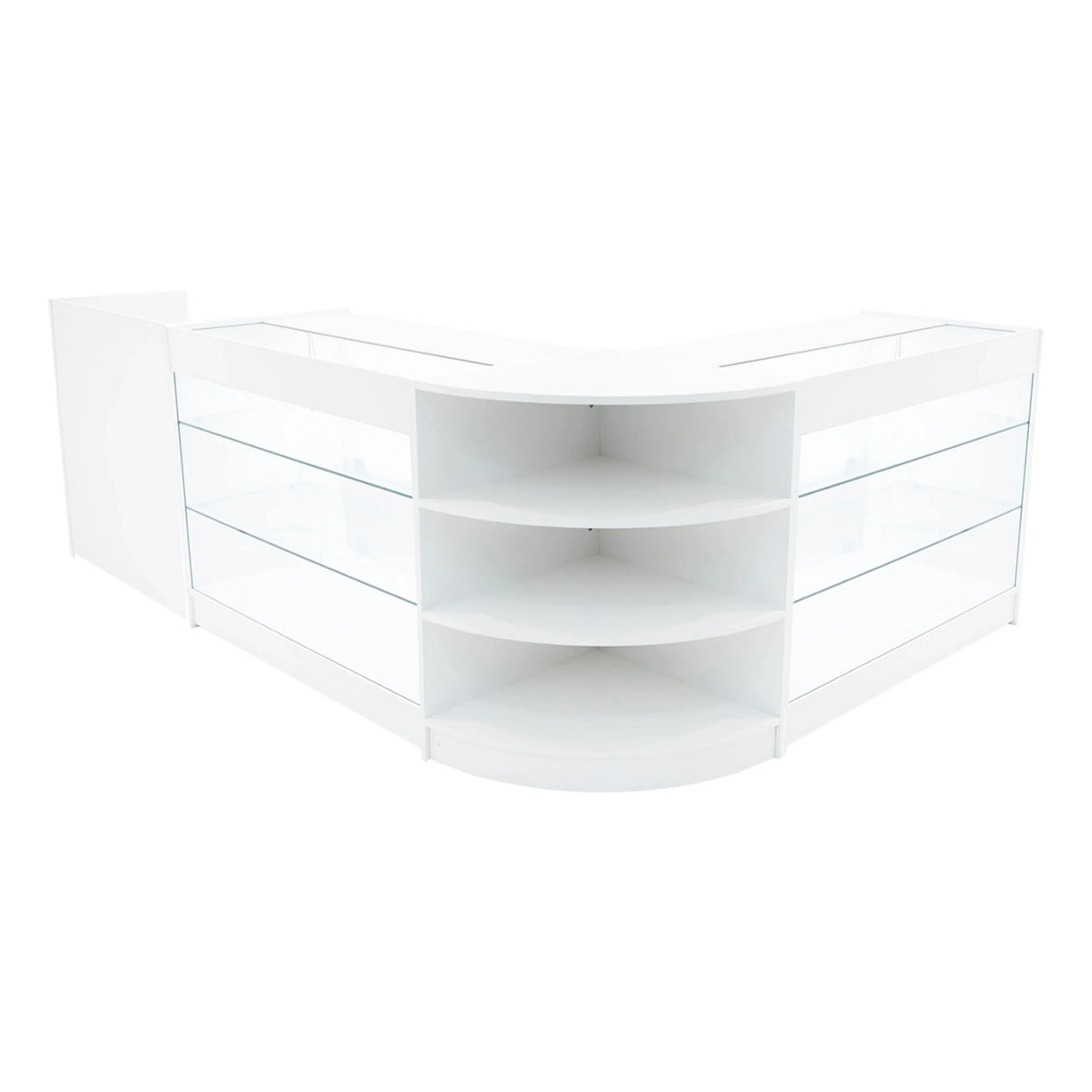 Astro LED Shop Counter Set in white, featuring sleek glass shelves, modern curved design, and ample display space for products