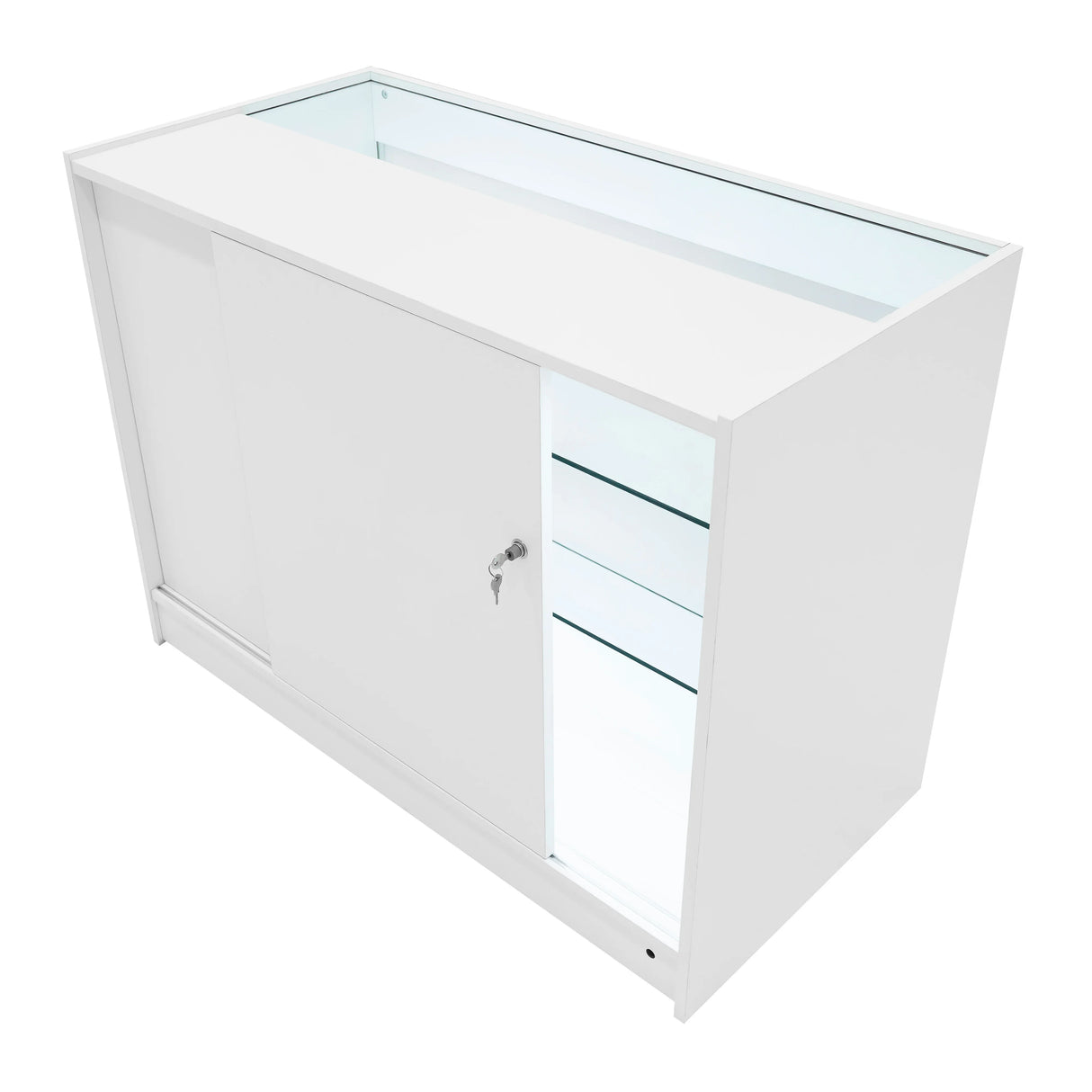 Astro LED Shop Counter Set in sleek white, featuring glass shelves, a secure lock, and modern design for retail displays
