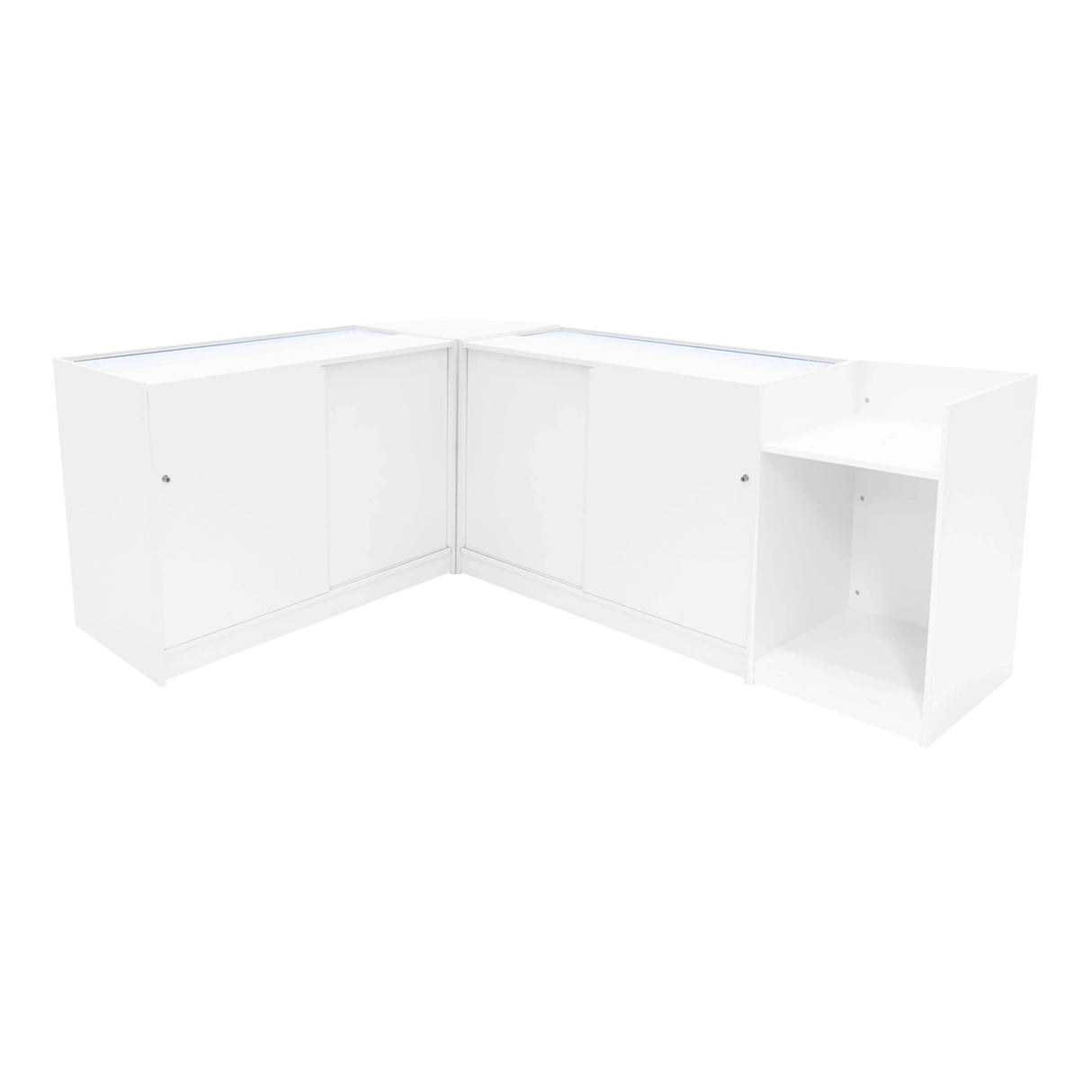 White Astro LED Shop Counter Set featuring sleek design with two cabinets and an open shelf, ideal for retail displays