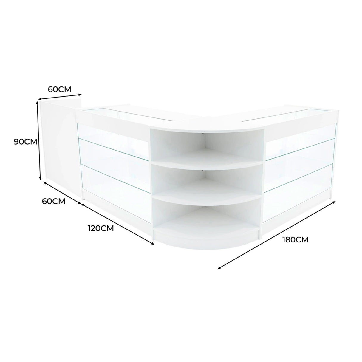 Astro LED Shop Counter Set in white features sleek glass shelves, curved design, and dimensions of 180cm x 90cm x 60cm