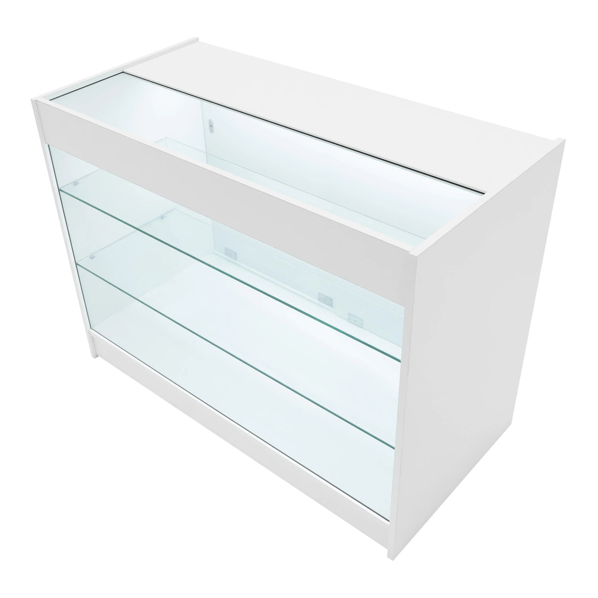 Astro LED shop counter set in white, featuring sleek glass shelves and a modern design, ideal for showcasing products elegantly