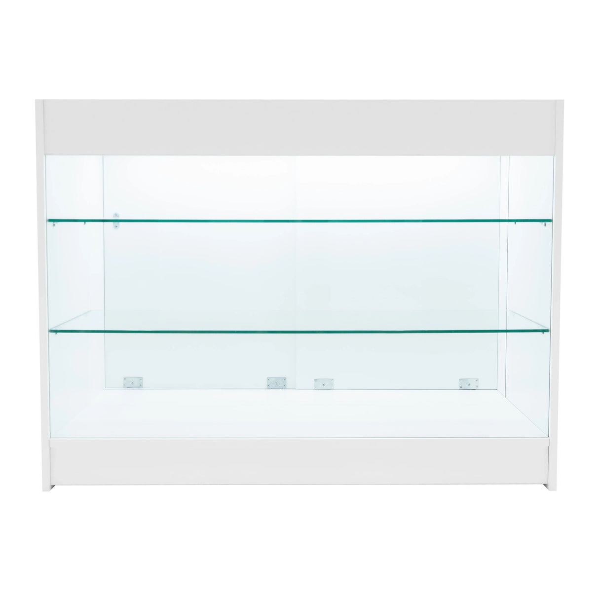 Astro LED Shop Counter Set in white with glass shelves, featuring a sleek design ideal for displaying products in retail settings