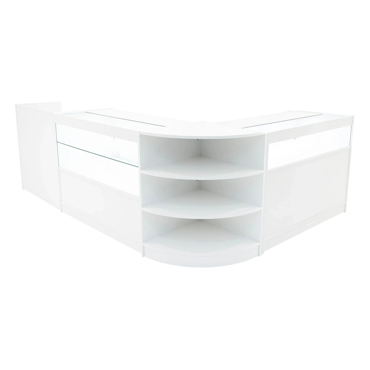 Modern white LED shop counter set featuring sleek lines, glass display sections, and curved shelving for organized retail space