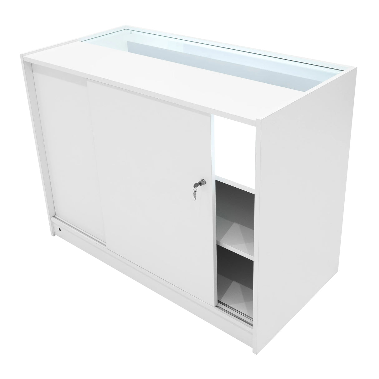 Europa LED Shop Counter Set in white, featuring sliding doors, glass top, and internal shelving for organized display and storage